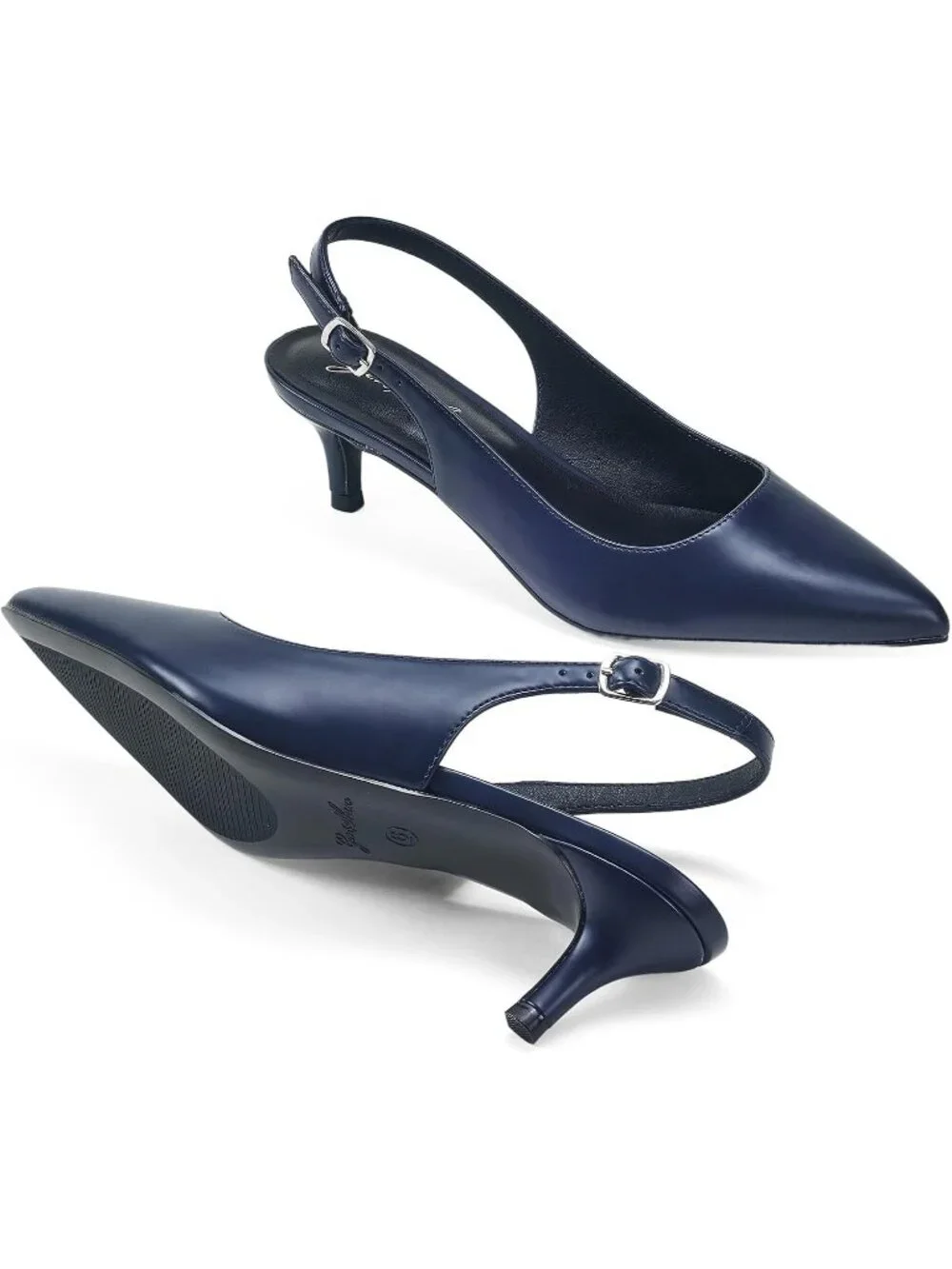 Women's Matte Navy Blue Slingback Pump Pointed Closed Toe Low Kitten Heel Shoes